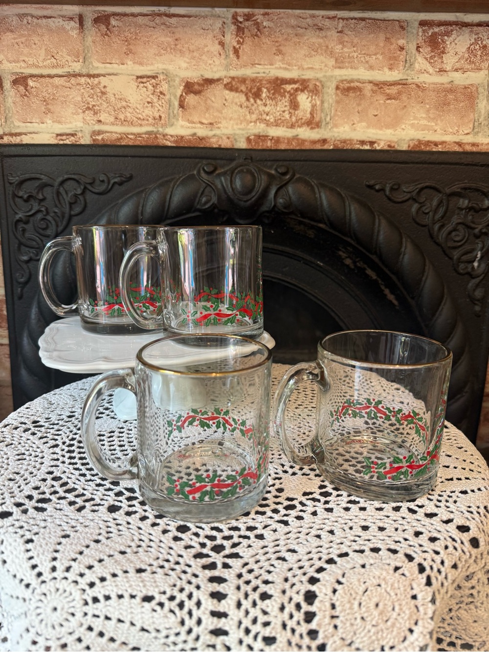 Vtg Libbey Holly Ribbon Christmas Clear Glass Mugs Gold Rim 12 Ounce Set f 4 USA